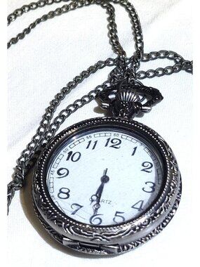 Vintage Silver Tone Victorian Revival Pocket Watch Necklace Ornate Detailing
